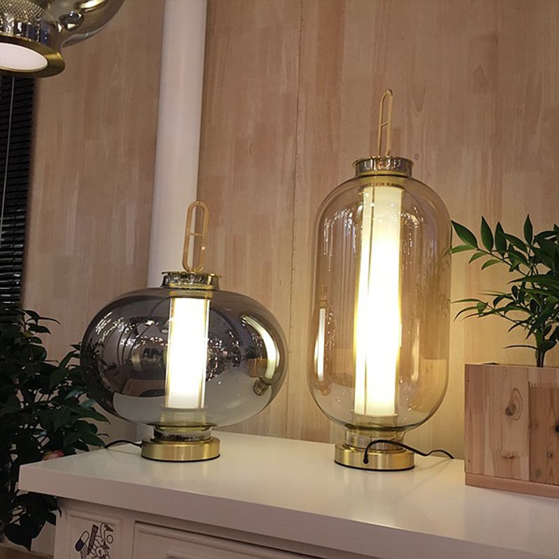 Lantern Table Lighting Contemporary Glass 1-Light Bedside Nightstand Lamp in Gold
