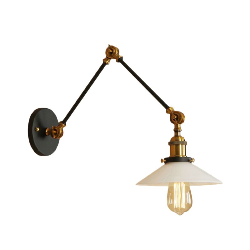 1 Light Saucer Shade Sconce Light Fixture Industrial Brass/Bronze Frosted Glass Wall Lamp with Swing Arm