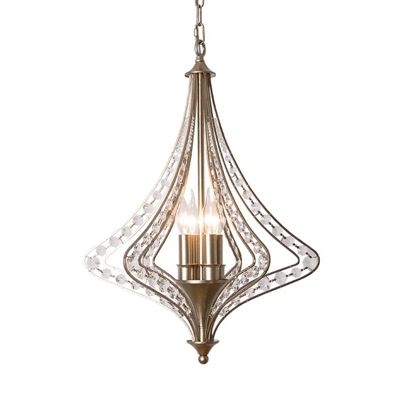4 Bulbs Tapered Ceiling Chandelier Rustic Crystal Suspended Lighting Fixture in Brass