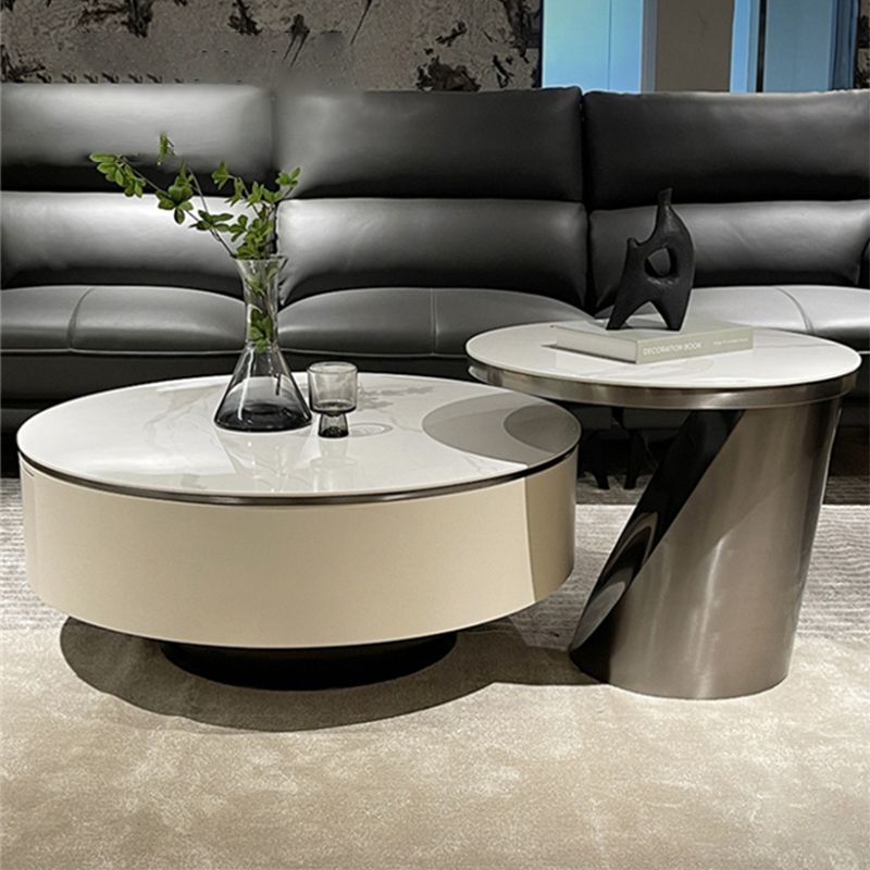 Slate Glam Coffee Table Round Nesting Coffee Table Set with Drawer