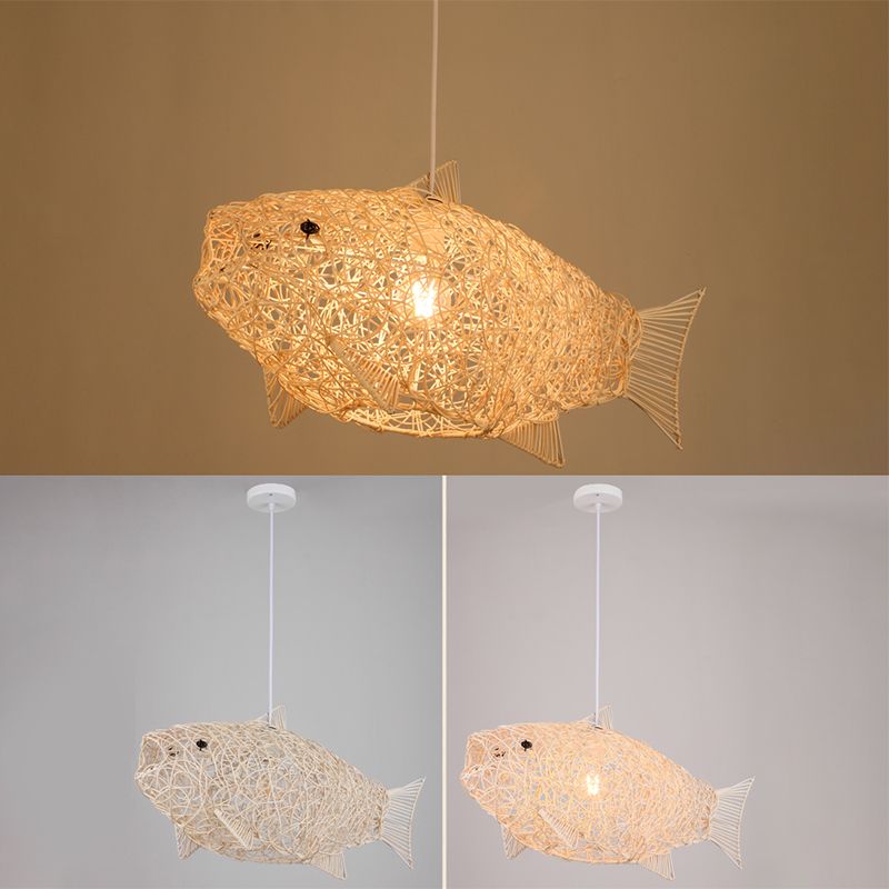 Asian Pendant Lighting Fixture 1-Light Beige Hanging Lamp Kit with Rattan Shade