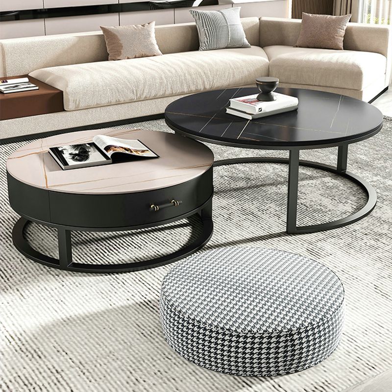 Round Slate Top Coffee Table Set Frame Cocktail Table with Storage Drawers
