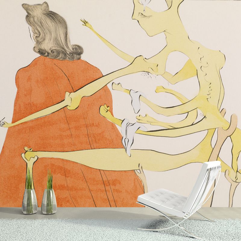 Orange Surrealist Wall Paper Mural Huge Skeleton on the Back of Priest Wall Covering for Home