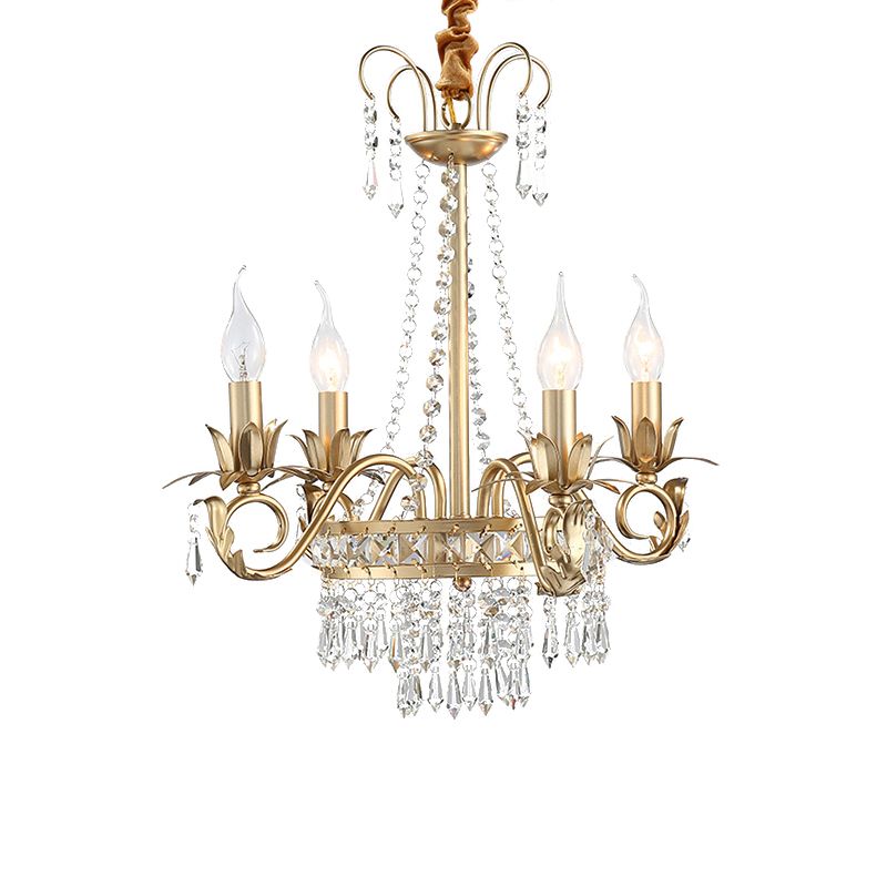 Brass Finish Curved Arm Ceiling Chandelier with Candle Accent Contemporary Crystal 4/6 Bulbs Ceiling Pendant Light