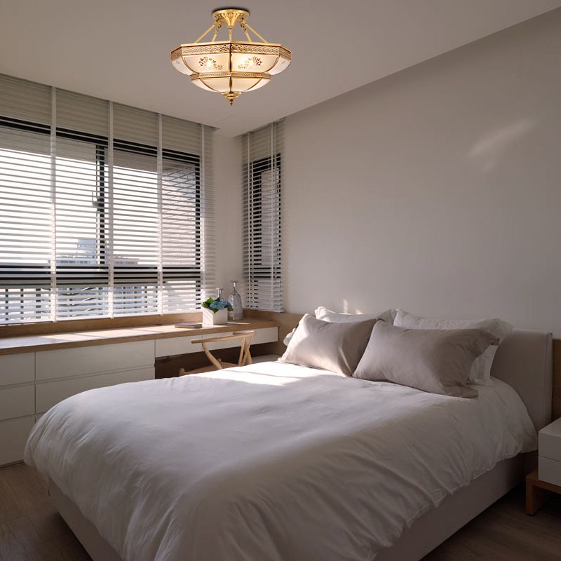 Ivory Glass Brass Ceiling Flush Bowl 4 Heads Colonialist Semi Mount Lighting for Living Room