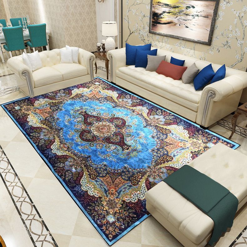 Blue Traditional Area Carpet Medallion Pattern Polyester Area Rug Anti-Slip Rug for Home Decor