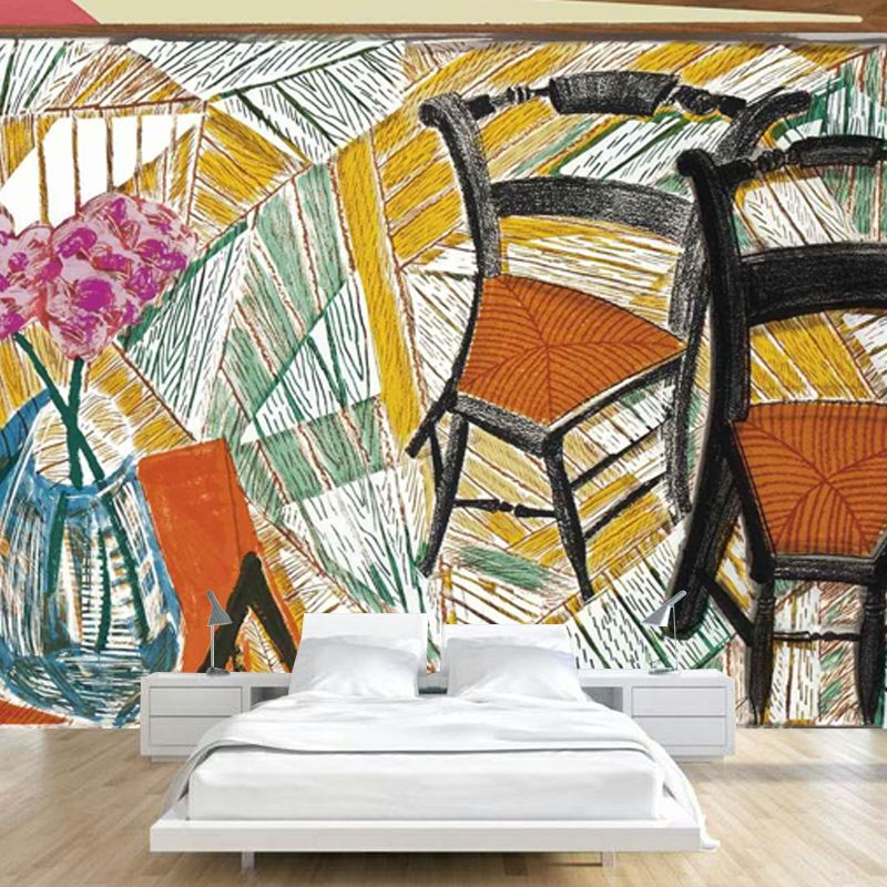 Flower and Two Chairs Murals in Orange-Yellow Art Deco Wall Covering for Living Room