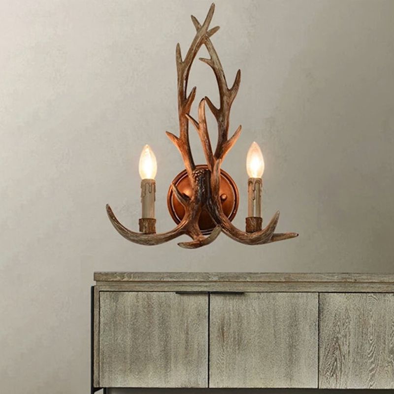Resin Wood Sconce Lamp Open Bulb 1-Light Traditional Wall Mounted Lighting for Indoor with Antler Backplate