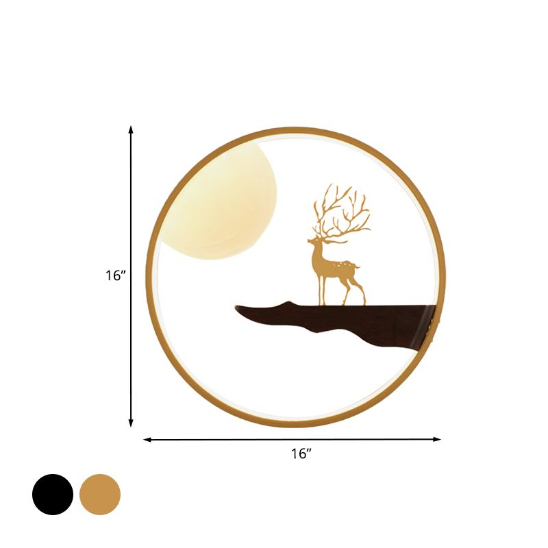 Asian LED Wall Mural Lighting Black/Beige Moon and Deer Wall Mounted Light with Wood Frame