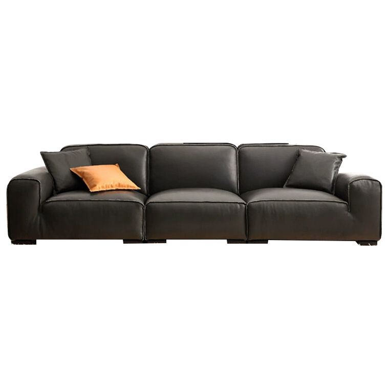 Contemporary Black Genuine Leather Square Arm Sofa with Pillows