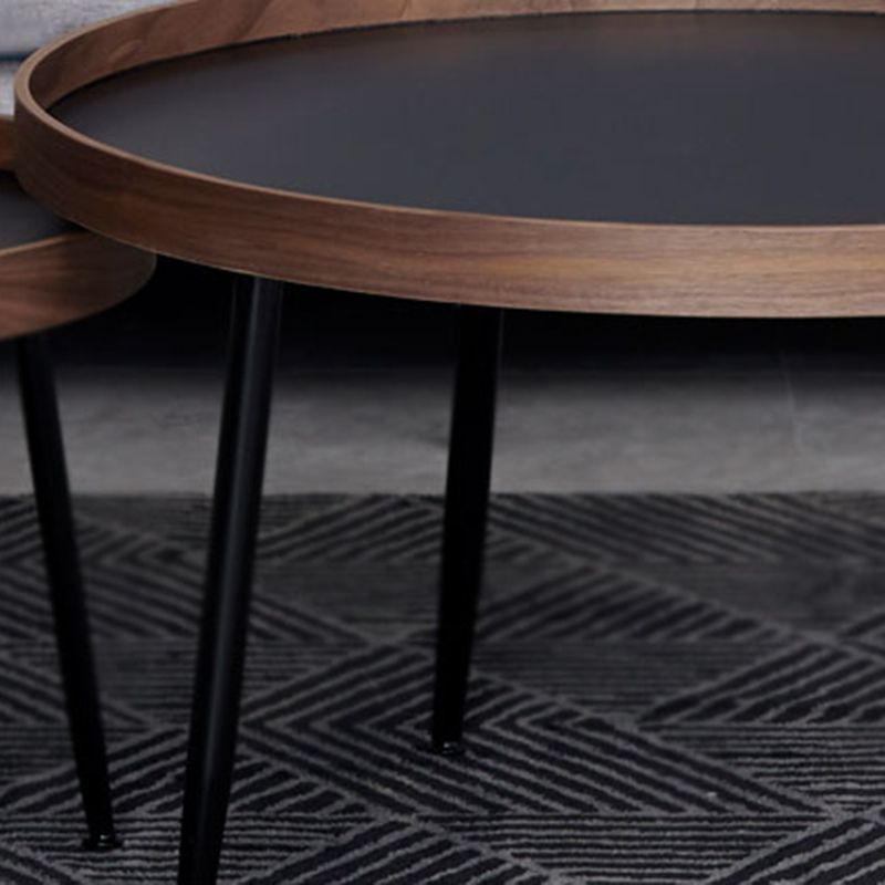 15.7"H Modern 4 Legs Metal Round Brown/Black Wood Top Coffee Table/Nesting Tables