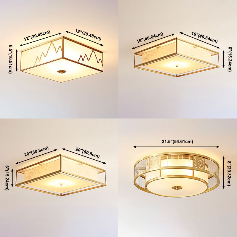 Fabric Shade Ceiling Light Asian Style Multi-bulbs Flush Mount Lamp for Living Room