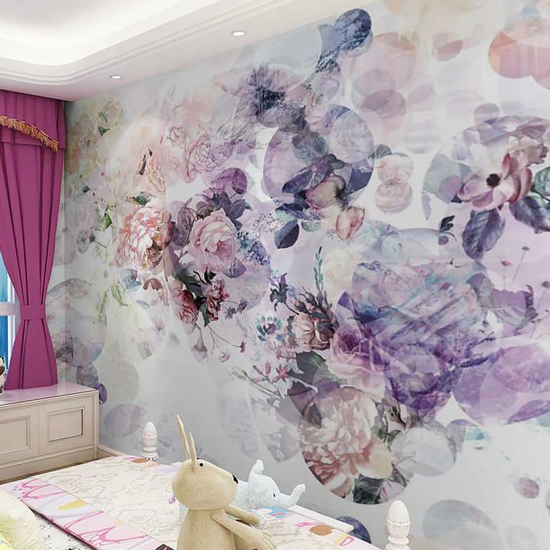 Enormous Rose and Bubble Mural in Purple and Pink Non-Woven Fabric Wall Art for Home Decor, Custom-Printed