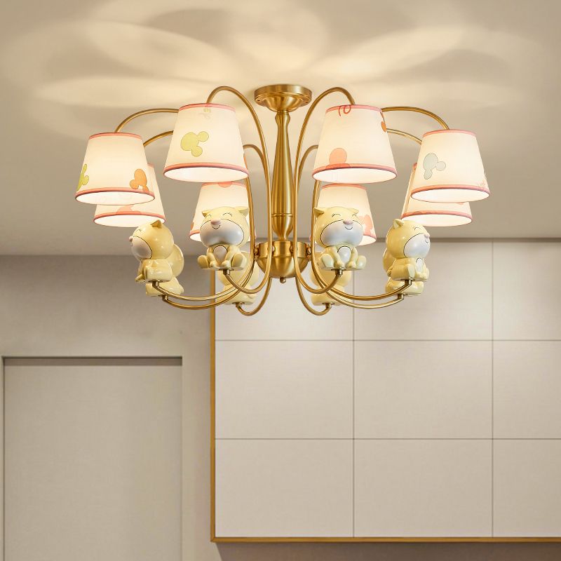 Patterned Fabric Tapered Chandelier Lighting Cartoon Gold Pendant Light with Resin Animal
