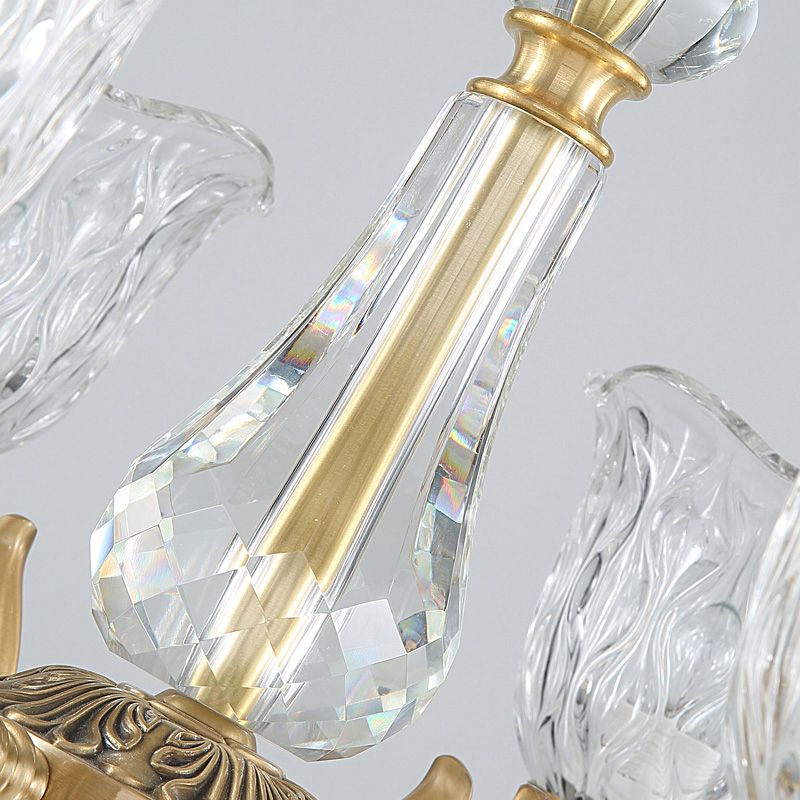 3 Lights Chandelier Lighting Antique Scalloped Clear Crystal Glass Suspension Lamp in Gold