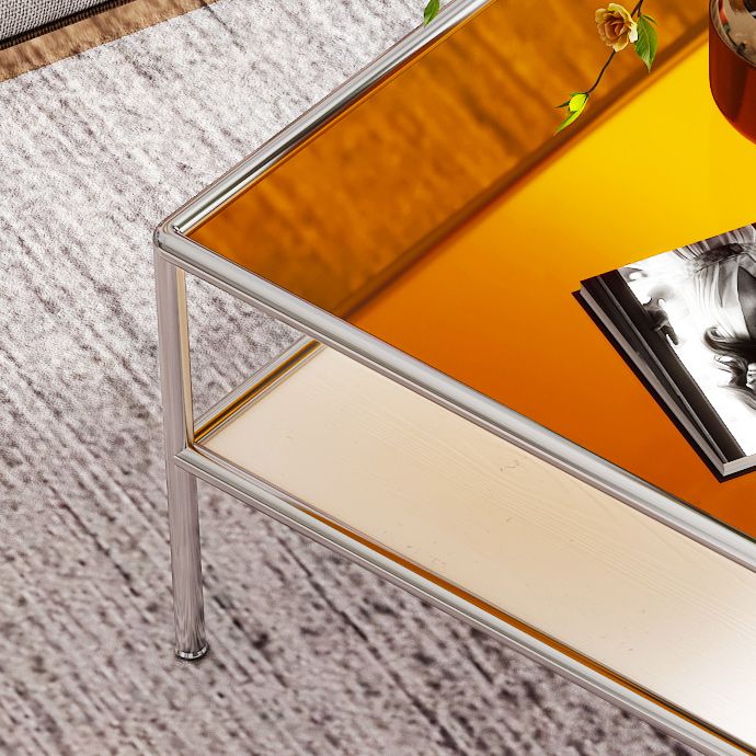 Contemporary Square Coffee Table with Shelf and Glass Top and Steel 4 Legs