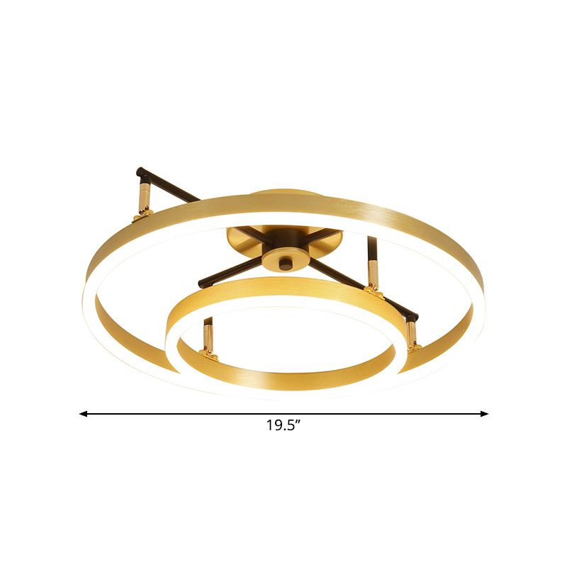 Gold Double Hoop Semi Flush Mount Lamp Simple LED Metallic Ceiling Light Fixture in Warm/White Light, 19.5/23.5 Inch Wide