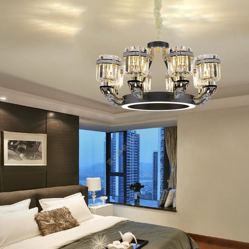 Beveled Crystal Cylinder Chandelier Lighting Traditional 6/8 Lights Black LED Hanging Pendant for Bedroom