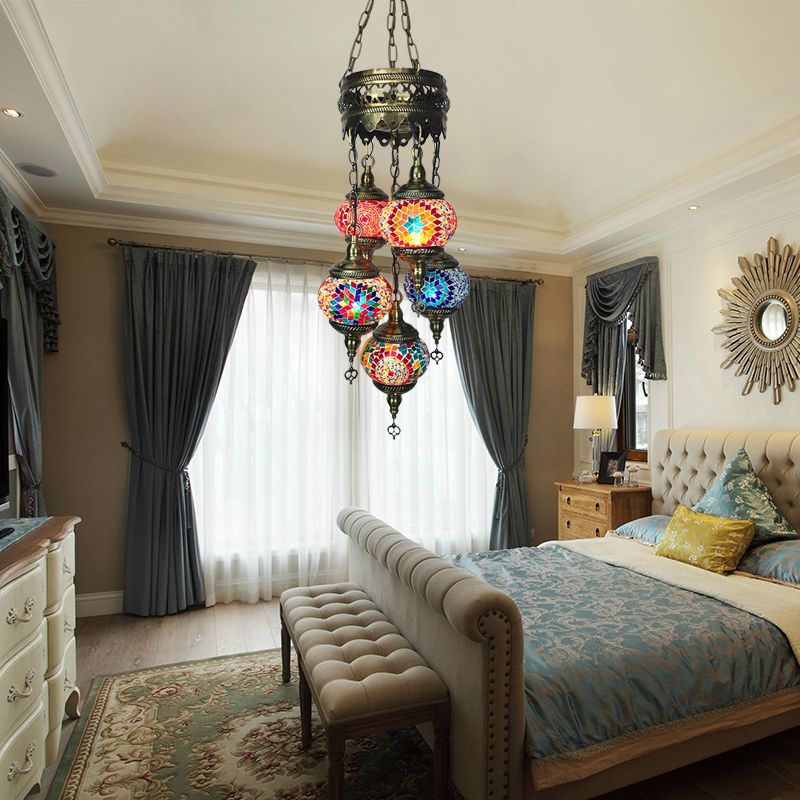 Vintage Oval Chandelier Light Fixture 5 Heads Stained Art Glass Hanging Lamp for Bedroom in Orange/Blue