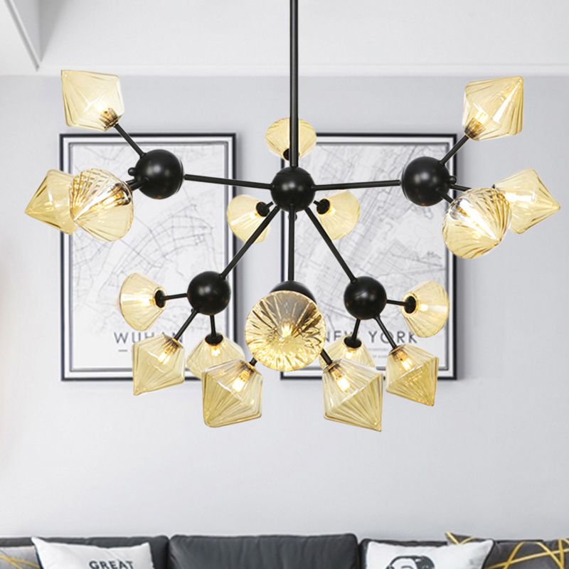 18 Heads Diamond Chandelier Lamp Modernism Amber Glass Hanging Pendant Light in Black