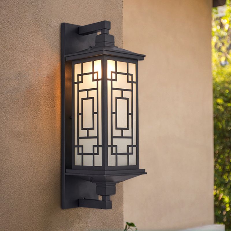 Black 1 Head Wall Sconce Lighting Country Opal Glass Cuboid Wall Lamp with Curved/Rectangle Pattern
