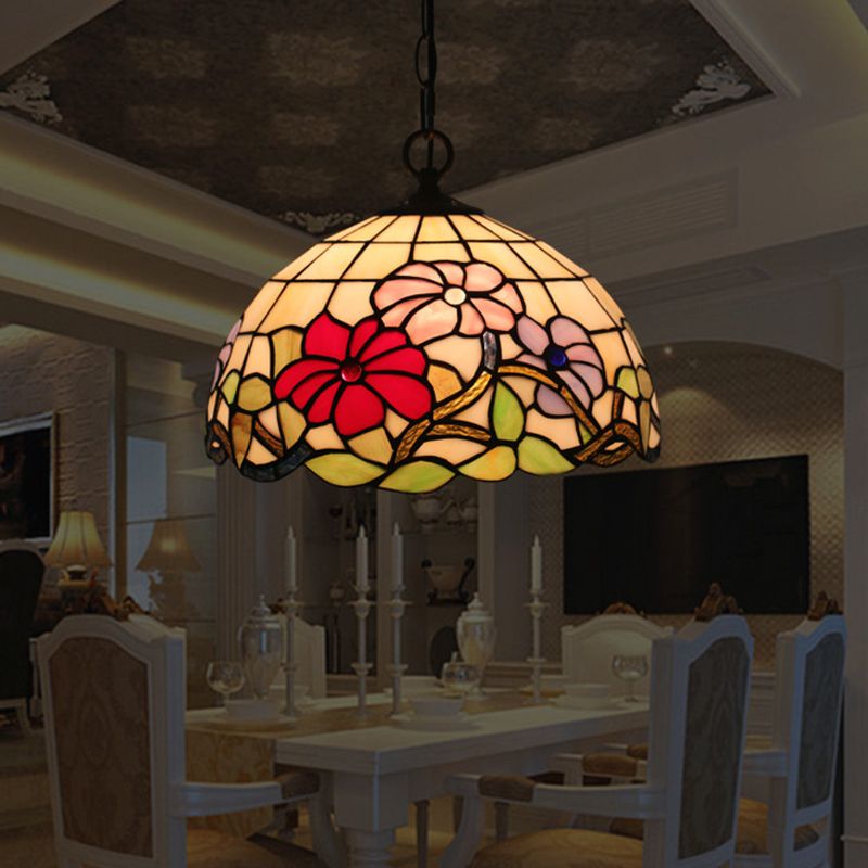 1-bulb eetkamer drop lamp tiffany zwart bloemen patroon hanger lichtkit met koepel handgesneden glazen schaduw