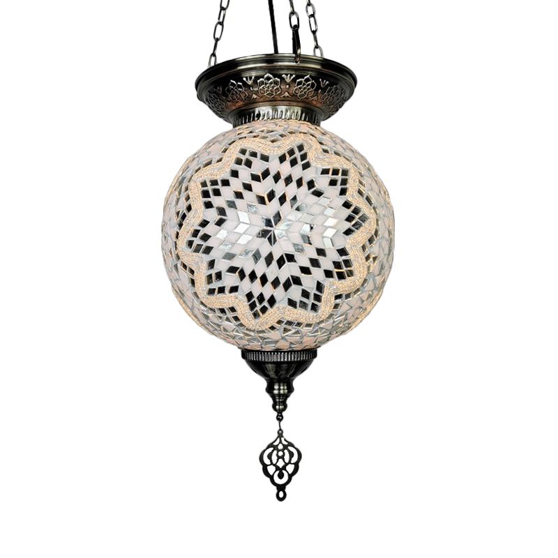 1 Light Stained Art Glass Pendant Light Kit Vintage White/Red/Blue Globe Dining Room Hanging Ceiling Light