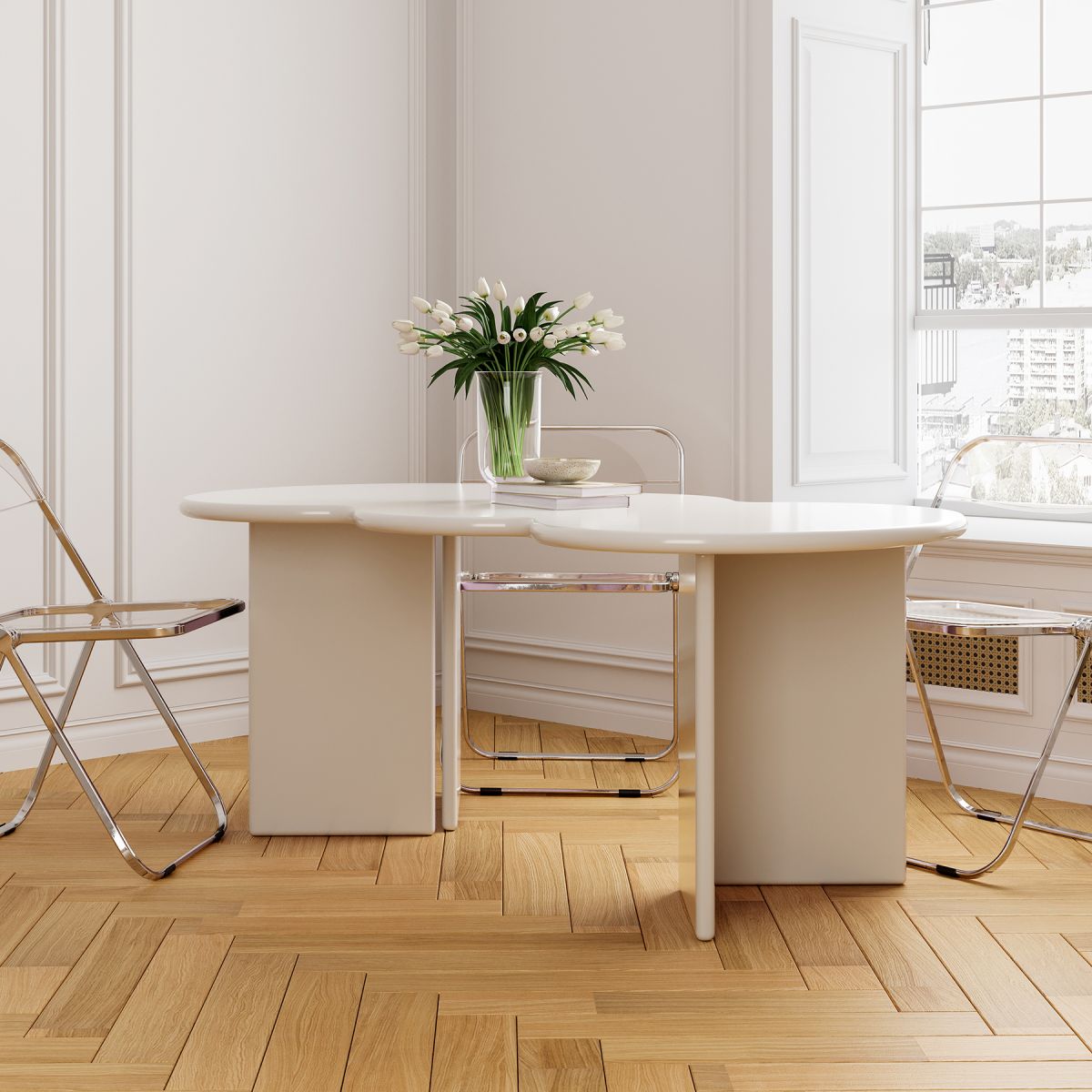 Free Form Solid Wood Dining Table Double Pedestal Furniture in Matte Finish