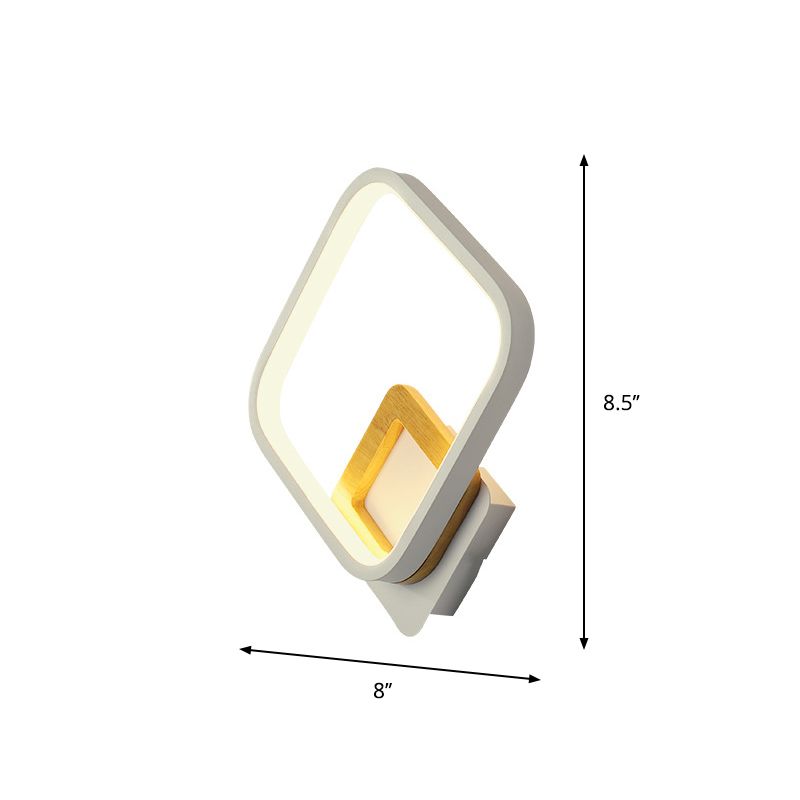 Metal Diamond-Frame Wall Sconce Minimalist White and Wood LED Wall Mounted Light in Warm/White Light