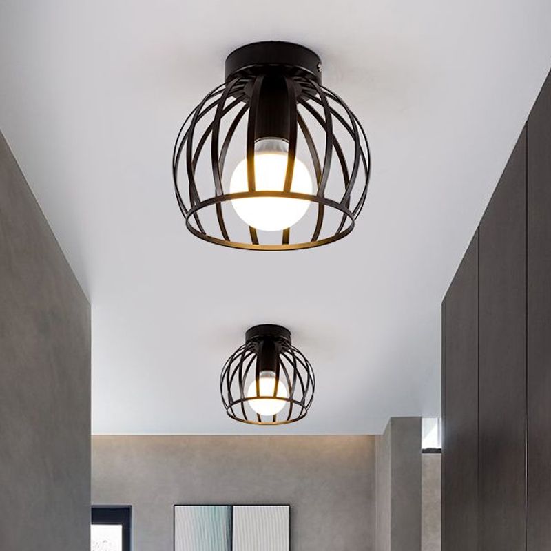 Black/Gold Metal Cage Ceiling Mounted Light Minimalism 1 Light Flushmount Lighting for Corridor