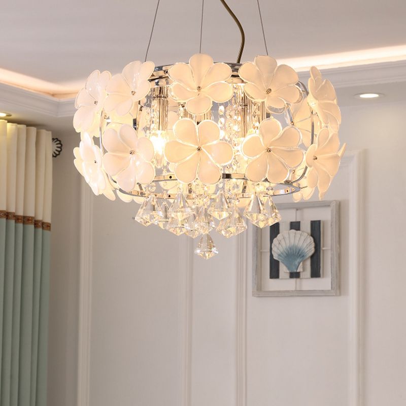 White 5/8 Lights Pendulum Light Modernism Flower Crystal Drum Frame Chandelier Lamp Fixture, 18"/21.5" Wide