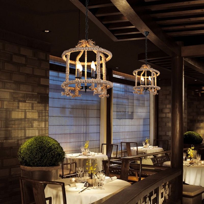 Beige 4 Lights Chandelier Light Fixture Traditional Rope Cylinder Pendant Lamp for Dining Room