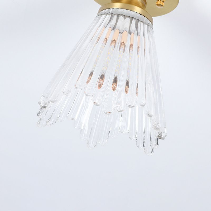 Small Foyer Ceiling Mounted Lamp Textured Glass 1-Bulb Minimalist Semi Flush Light in Brass