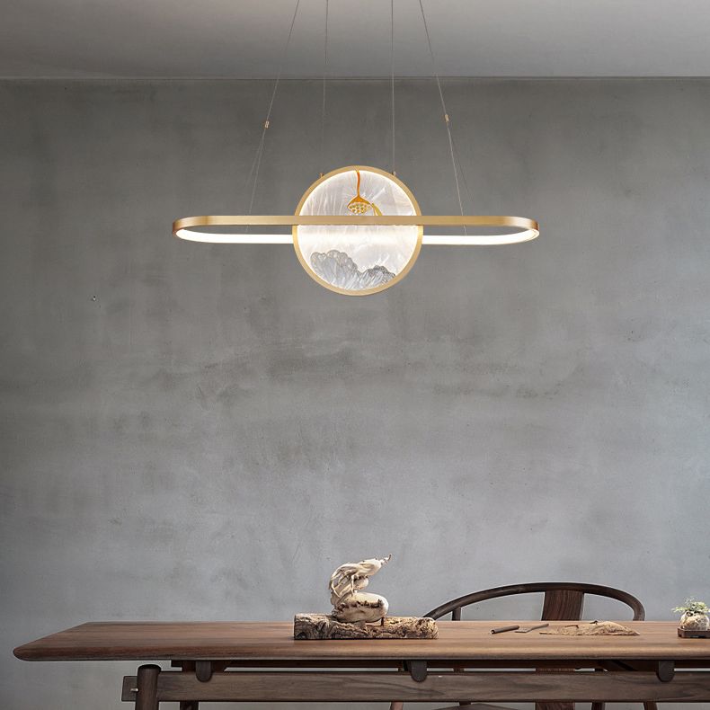 Chinese Style Gold Round Linear Island Pendant Lighting LED Metal Island Ceiling Light for Living Room