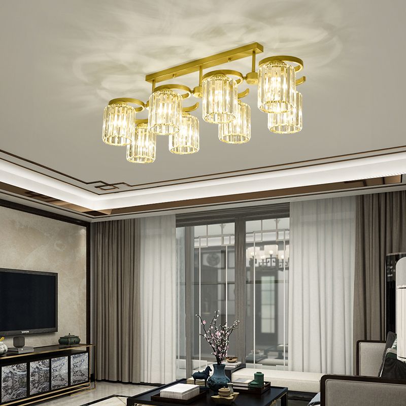 Brass Finish Semi Flush Light Simple Style Crystal Cylindrical Ceiling Mount Light for Living Room