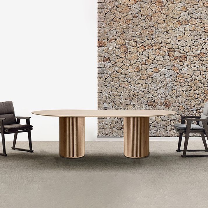 Mesa de comedor de color de madera redonda mesa de madera maciza moderna con pedestal doble