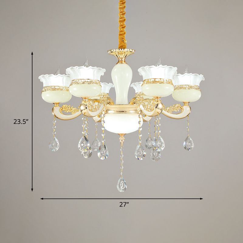 6 hoofden kroonluchter verlichting moderne slaapkamer plafond hanger met ruche-edge pot witte glazen schaduw in goud