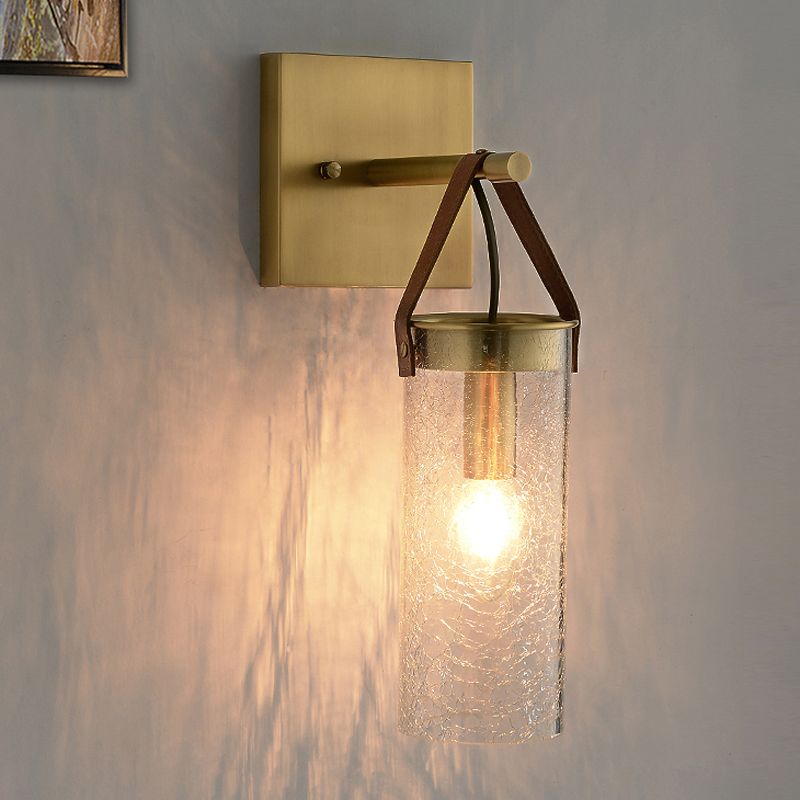 Postmodern Cylindrical Sconce Ideas Clear Crack Glass 1 Head Dining Room Wall Mounted Lamp in Brass with Leather Strap