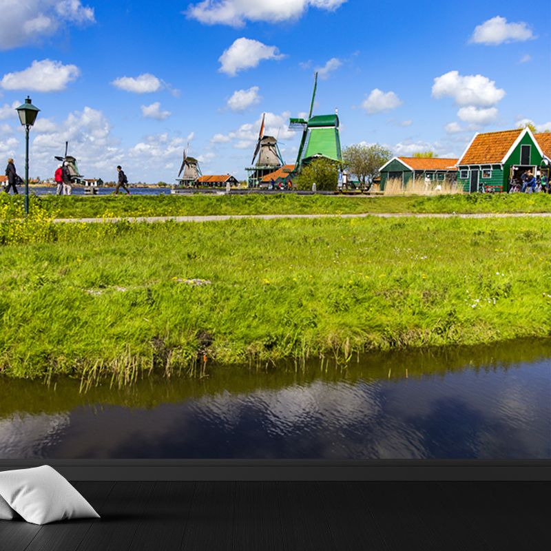 Relaxing Windmill and Cloud Mural Decal for Living Room, Blue, Custom Size Available