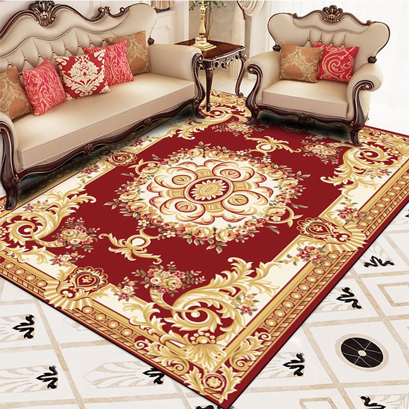 Red European Carpet Flower Pattern Polyester Area Rug Non-Slip Backing Rug for Home Decor