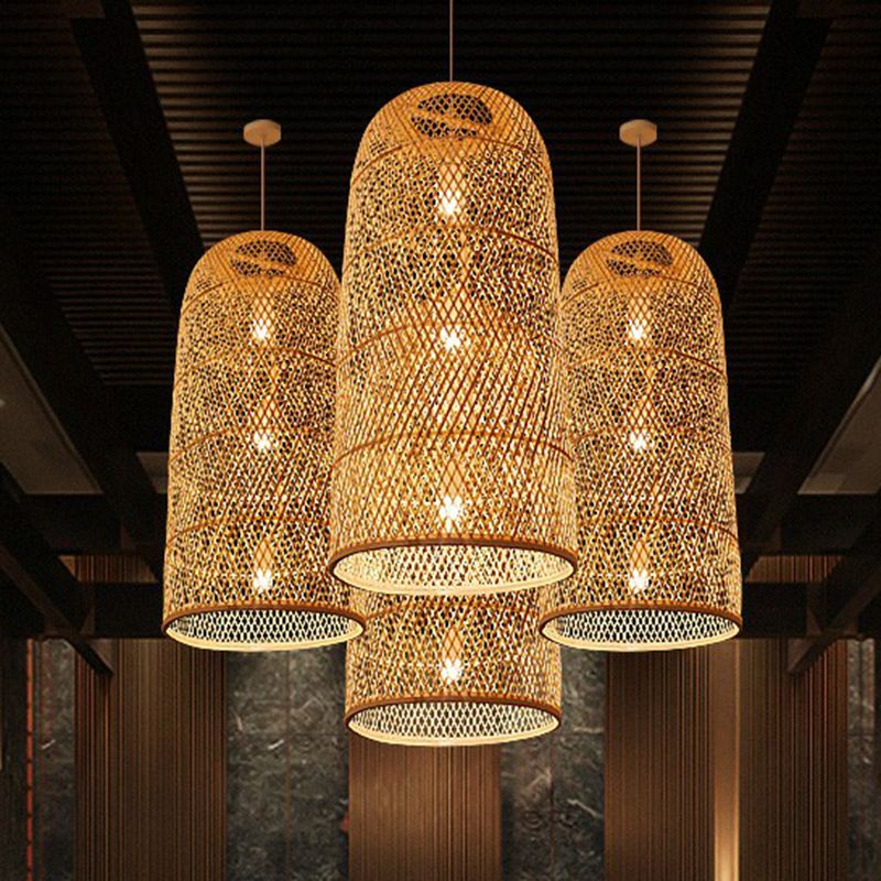 Hand Woven Bamboo Pendant Light Kit Asian 1 Head Beige Suspended Lighting Fixture