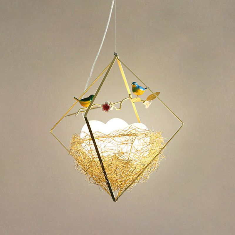 Birds Nest Chandelier Nordic Metal 3-Light Beige Hanging Light with Rhombus Frame and Egg Shade