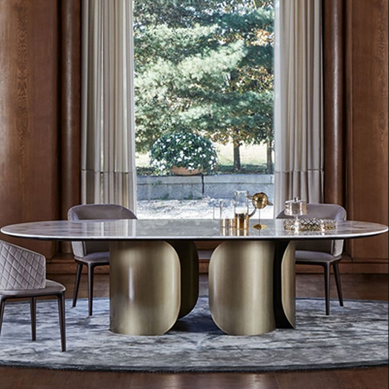 Modern Oval Dining Table Stainless Steel Base Double Pedestal Table for Room