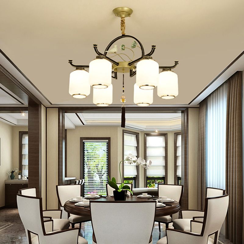 Frosted Glass Black and Gold Ceiling Chandelier Lantern 6/8/10 Lights Traditional Pendulum Light