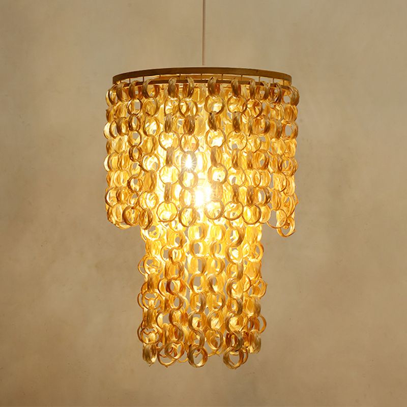 Luz de techo redondo beige Contemporáneo 1 Lámpara colgante de bambú de luz con Tassel Deco
