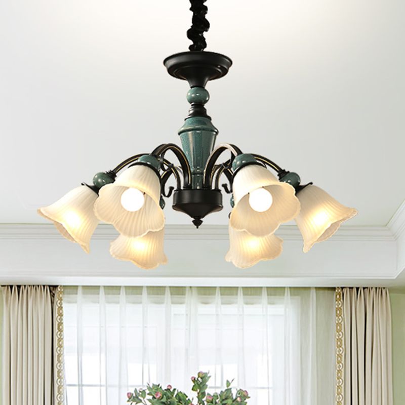 Green Flower Shade Flush Mount Light Retro Ribbed Glass Living Room Semi Flush Chandelier