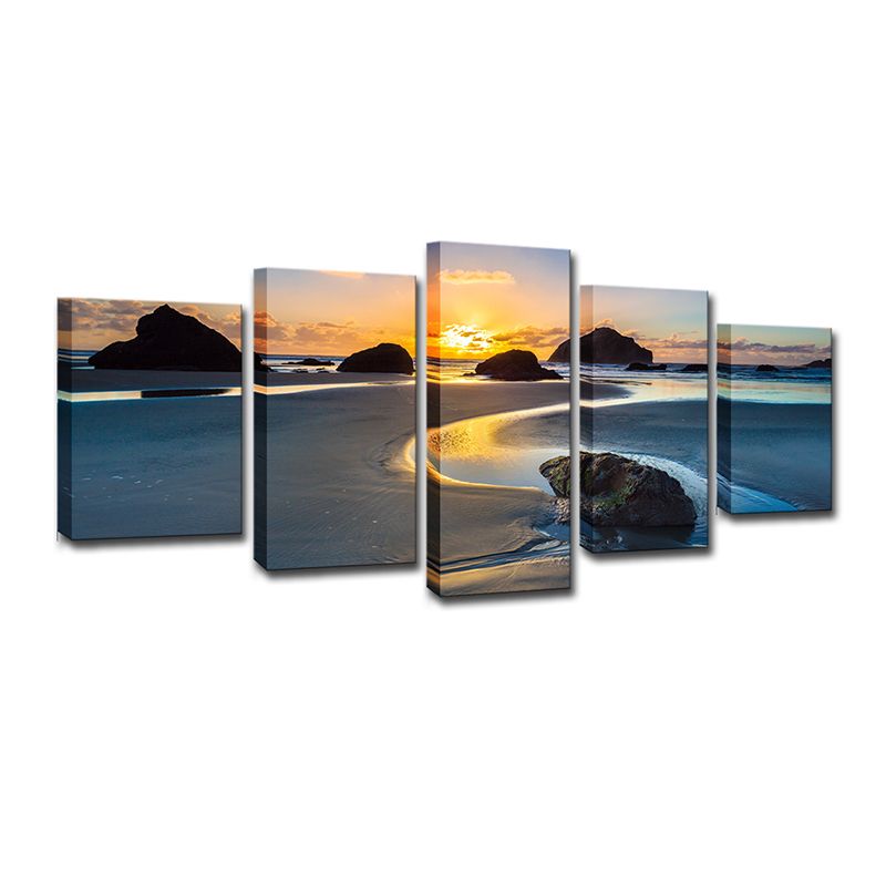 Sundown Rock Seashore Wall Art Yellow Tropical Canvas Print for Sitting Room, Multi-Piece