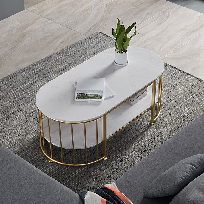 Oval Top Coffee Table Steel Sled Base Cocktail Table with Shelf