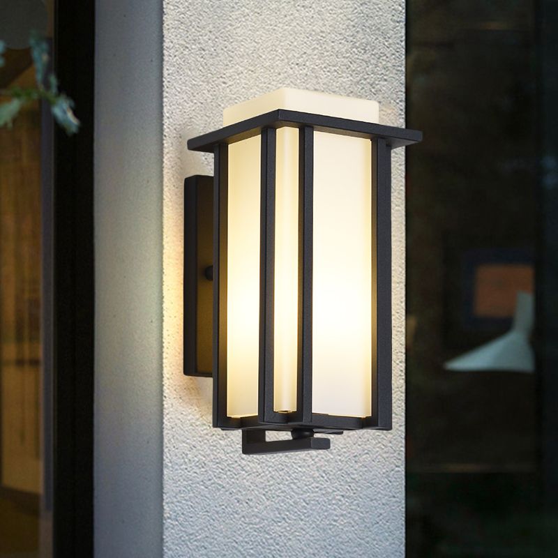 1-Light Rectangle Wall Lighting Warehouse Black Opaline Glass Flush Mount Wall Sconce with Metal Frame, 6"/6.5" W