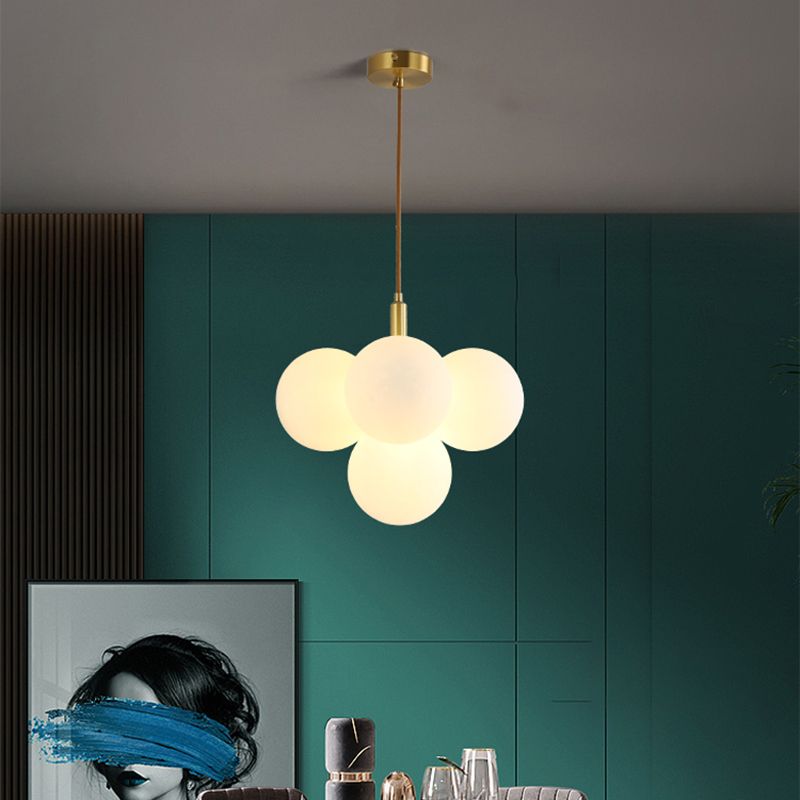 5 Heads Globe Suspension Light Simple Style Brass White Glass Chandelier
